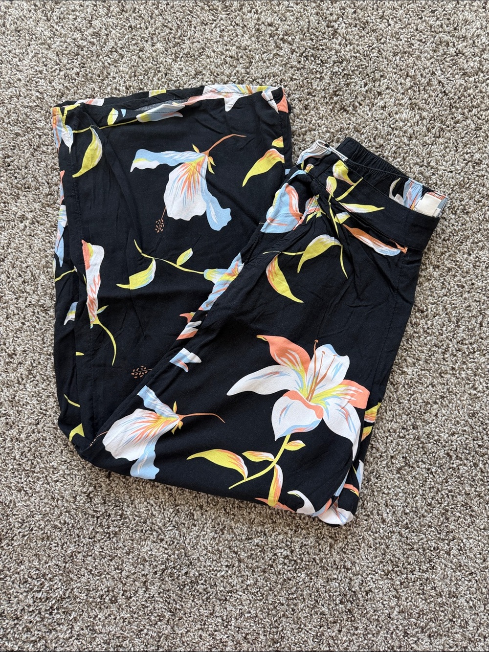 Roxy Black Floral Pants with Yellow & Coral Flowers